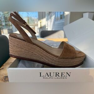 Ralph Lauren Brown Suede Espadrille Wedge Sandals